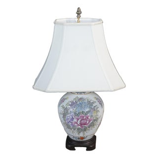 Vintage Hand-Painted Floral Chinoiserie Porcelain Ginger Jar Urn Lamp Peonies For Sale