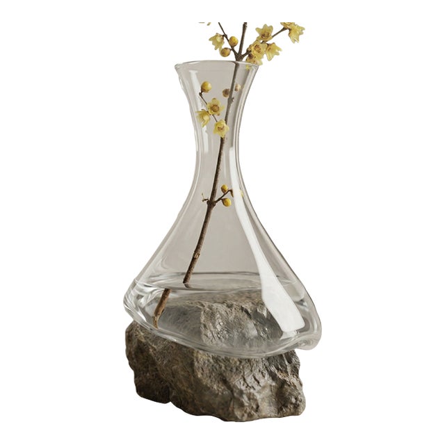 Sculptural Glass Decanter Vase With Natural Gobi Desert Stone – One of a Kind Art Glass For Sale