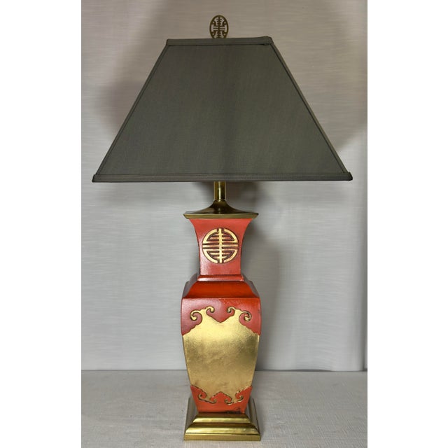 Frederick Cooper Vintage James Mont Style Tole Lamp by Turtle and Crane - Bespoke Cinnabar & Gold Leaf - Newly Painted For Sale - Image 4 of 14