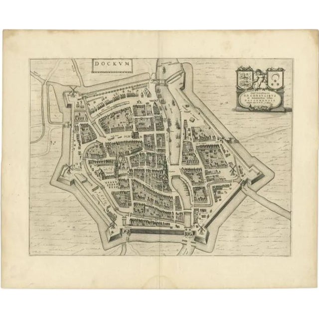Antique Map of the City of Dokkum by Blaeu, 1650 For Sale