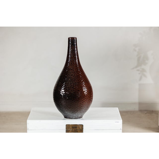 Large Deep Mahogany Brown Artisan Ceramic Vase with Honeycomb Texture For Sale - Image 17 of 18