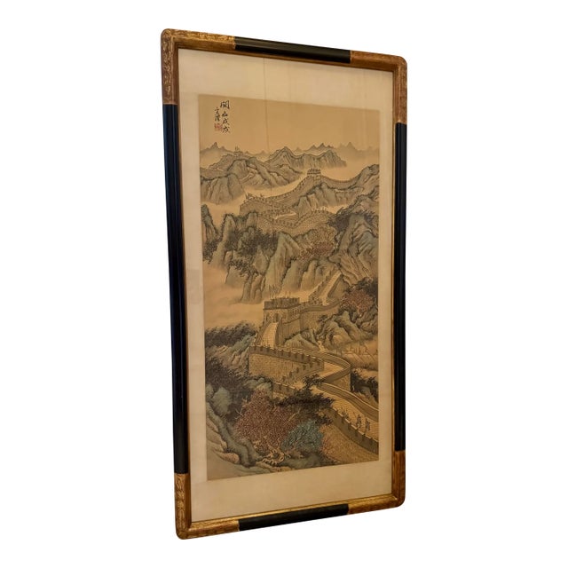 Chinese Antique Multi-Color Great Wall Painting Scroll on Silk in Custom Frame For Sale