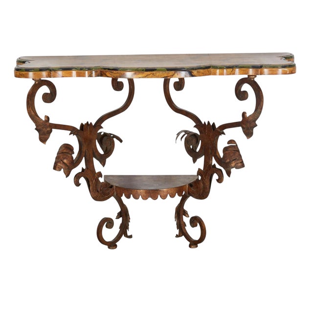Spanish Wrought Iron Console With Faux Bois Trompe-l'Oeil Top For Sale - Image 3 of 4