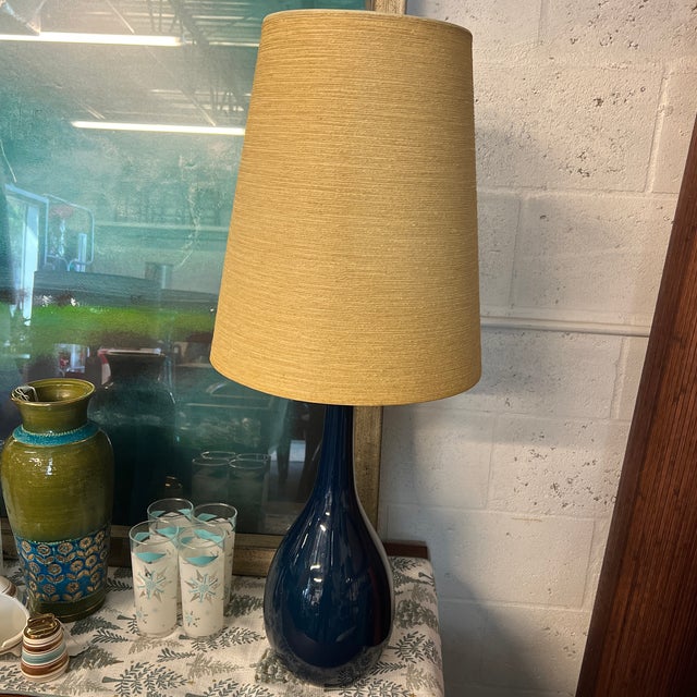 A Pair of Mid Century Modern Blue Glazed Ceramic Table Lamps With Original Fiberglass Shades by Lotte and Gunnar Bostlund, Unmarked For Sale - Image 12 of 12
