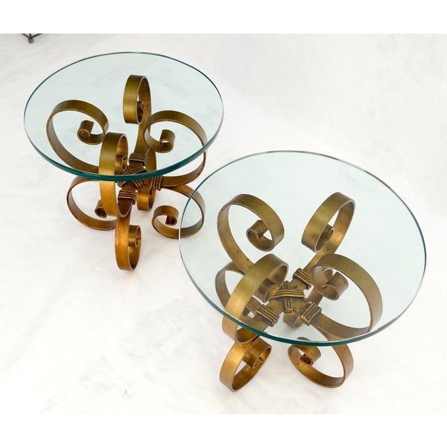 Mid-Century Modern Pair Italian Think 3/4" Glass Top Gold Gilt Scrolls Shape Bases End Tables Stand For Sale - Image 3 of 12