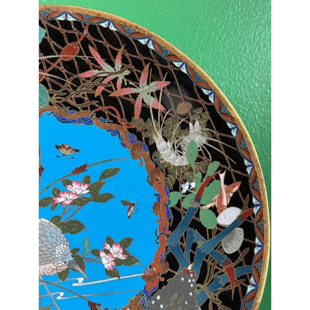 Meiji Japanese Cloisonne Enamel Charger With Crab, Fish, and Marine Life in Net For Sale - Image 11 of 12