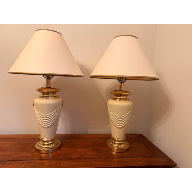 Art Deco Neoclassical Style Brass Drape Table Lamps a Pair For Sale - Image 3 of 12