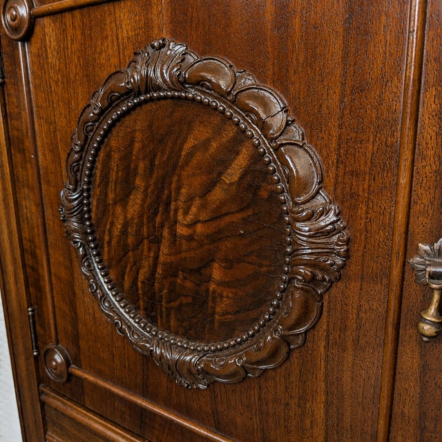 Antique Jacobean Revival Figured Wood Sideboard With Carved Medallions For Sale - Image 15 of 18