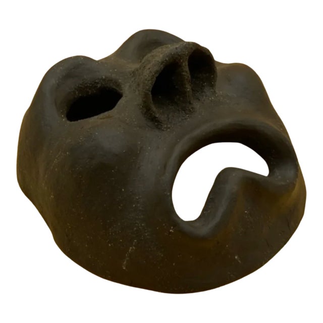 Abstract Biomorphic Dark Fired Clay Mask Sculpture Wall Decor For Sale
