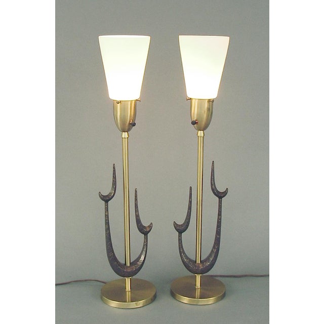 Mid-Century Modern 1970s Pair of Tall Mid-Century Modern Table Lamps, Biomorphic Design and Decorations, Glass Shades For Sale - Image 3 of 10