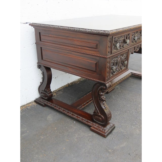 Brown Late 1800s Victorian Large Heavy Hand Carved Cherub Partner Desk 6656 For Sale - Image 8 of 17