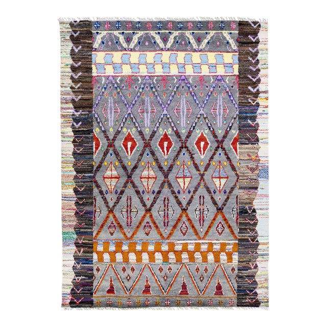 Modern Moroccan Style Gray Handmade Wool Rug With Multicolor Tribal Design For Sale