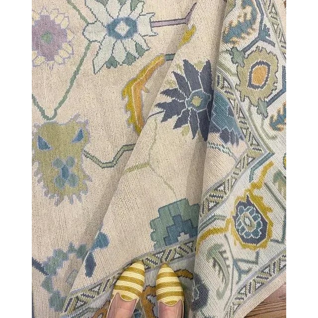 Modern Handknotted Oushak Rug in Blue, Marigold & Sage, 9' x 12' For Sale In San Antonio - Image 6 of 7