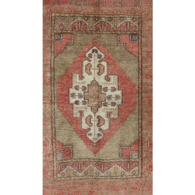 Tribal Vintage Mid-Century Turkish Oushak Rug With Olive Green and Soft Red 3′7″ × 6′1″ For Sale - Image 3 of 7