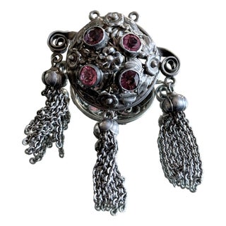 Vintage 1940s Art Nouveau Revival Tassel Brooch With Amethyst Glass Stones For Sale