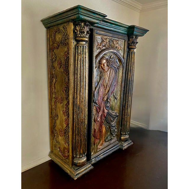Traditional Mid 19th Century Spanish Renaissance Revival Armoire - Hand-Carved Saint Michael and Cherubs For Sale - Image 3 of 9
