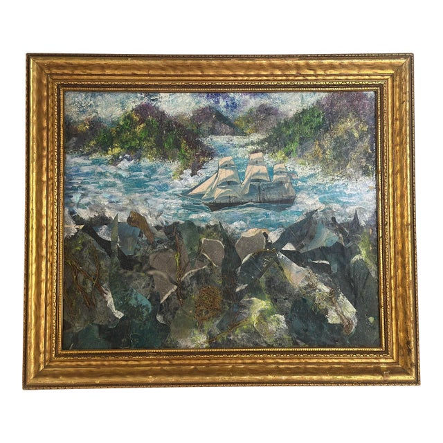 Vintage Mixed Media Seascape Painting, Framed For Sale