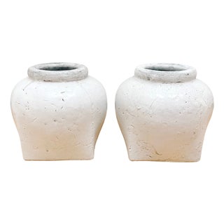 Pair of Wabi Sabi Distressed White Glazed Clay Urns For Sale
