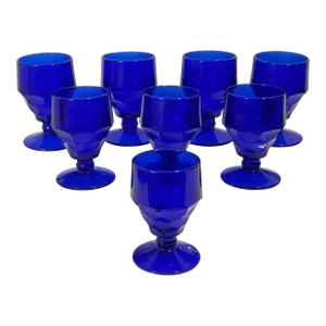 Mid 20th Century Viking Georgian Cubist Brutalist Cobalt Blue Wine Glasses Goblets- Set of 8