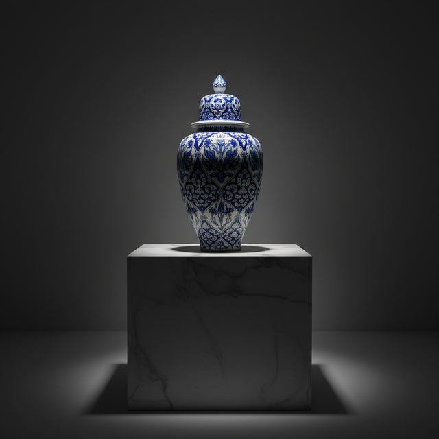 Ceramic Handmade Ceramic Grand Shah Jar (60cm) Blue and White Imperial Medallion Semse Pattern Floor Vase For Sale - Image 7 of 7