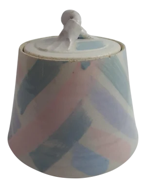 Pink Blue and White Glazed Stoneware Crock Pot With Lid