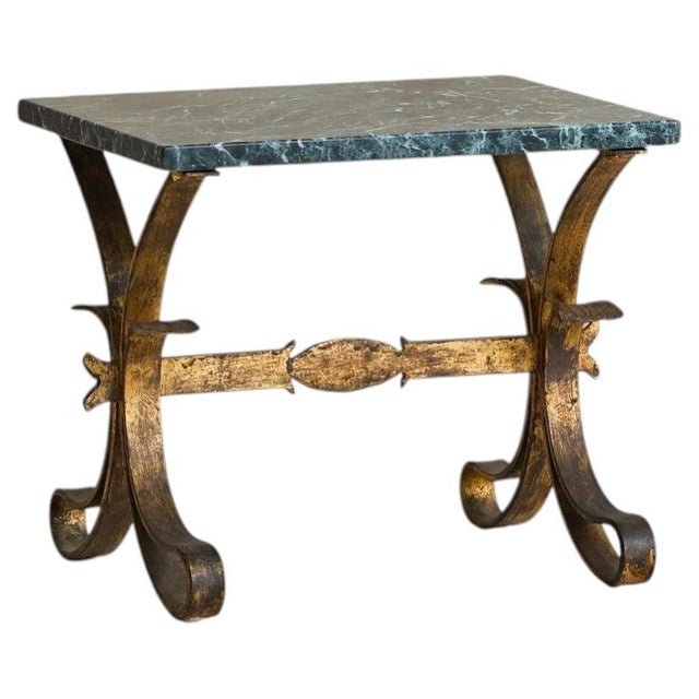 French Art Deco Gilt Iron + Green Marble Side Table, 1950s - 2 Available For Sale