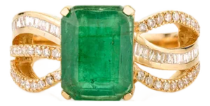 Octagon Cut Split Diamond Band Emerald Ring in 14k Gold Size 7