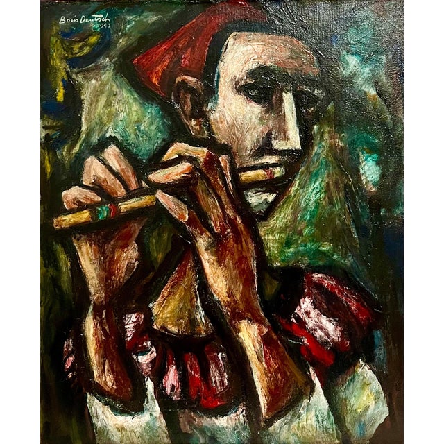 Boris Deutsch, 1947 Expressionist Oil Painting Flute Player Musician Boris Deutsch WPA Artist, 1947, Framed For Sale - Image 9 of 11