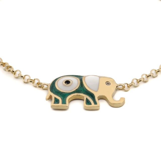 Contemporary Wishful Elephant & Evil Eye Green Enamel Gold Chain Bracelet For Sale - Image 3 of 7