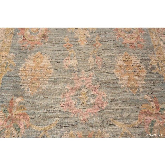 Light Blue Background Turkish Oushak Design Modern Room Size Rug For Sale - Image 4 of 7