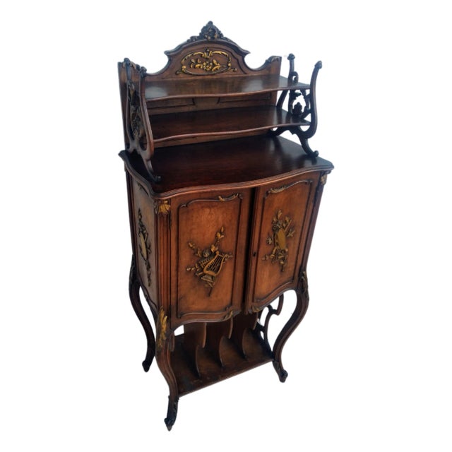 Late 19th Century Antique French Walnut Music Cabinet With Gilt Accents For Sale