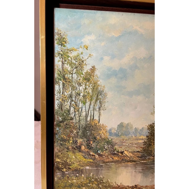 Vintage Original Hans Leich Oil Painting Realism Pond Landscape on Canvas For Sale - Image 4 of 12