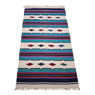 Vintage American Southwestern Kilim, Handwoven Wool, Stripe Pattern, Ivory & Green, 4’ X 8’ For Sale