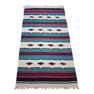 Vintage American Southwestern Kilim Rug in Ivory, Green, Red, Purple, Black
