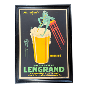Original 1926 Art Deco Brasserie Lengrand Poster, Phi (Paul Nerfi) Frog Beer French Vintage Advertising Lithograph (44" X 32")