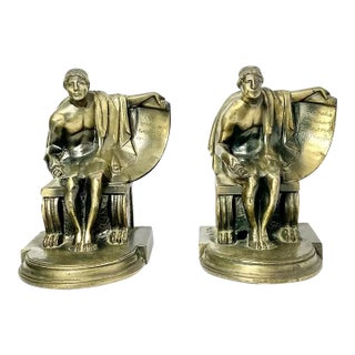 1920s John Ruhl Pair of Bronze Neoclassical Revival Roman Scroll Scribe Bookends For Sale