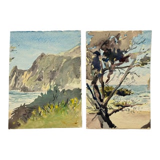 Pair of Vintage Original Double-Sided Landscape Watercolor Paintings 1970s For Sale