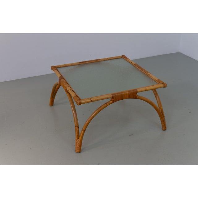 1960s Danish Modern Square Rattan and Glass Coffee Table, 1960s For Sale - Image 5 of 15