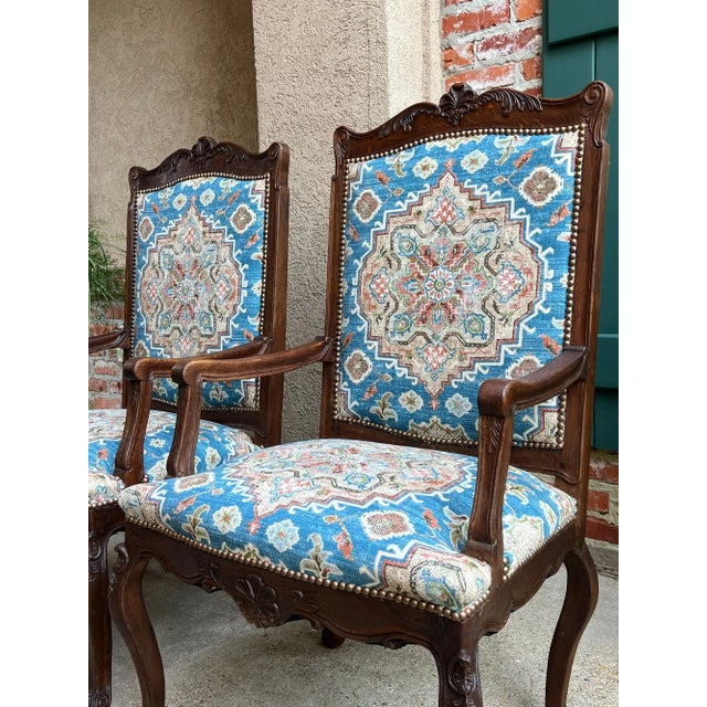 Pair Antique French Dining Arm Chairs Louis XV Carved Oak Blue Persian Textile For Sale - Image 16 of 18