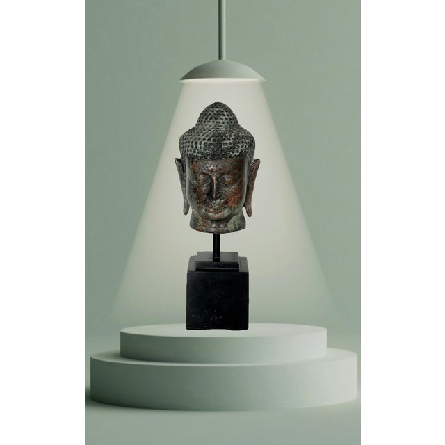 Wood South East Asian Buddha Head Mounted on Square Black Pedestal For Sale - Image 7 of 11