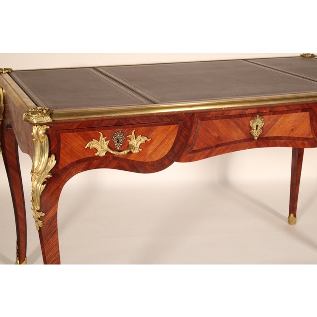 Wood Antique Louis XV Style King Wood and Tulip Wood Bronze Mounted Leather Top Desk For Sale - Image 7 of 12