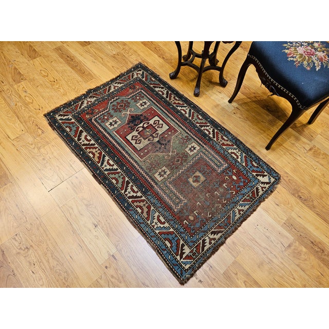 Antique Fachralo Kazak Area Rug in Red, Sage Green, Ivory, Blue For Sale - Image 11 of 14