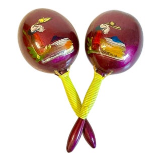 1950s Vintage Boho Chic Mexican Hand-Painted Maracas - A Pair For Sale