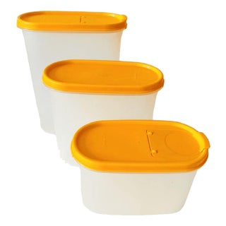Vintage Oval Storage Jars in Ochre Yellow Orange from Tupperware, 1980s, Set of 3 For Sale
