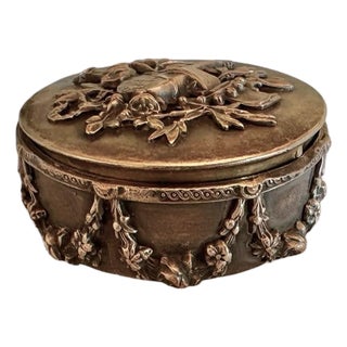 Antique French Silvered Metal Vanity Box With Beveled Mirror, Floral Garlands and Musical Trophy For Sale