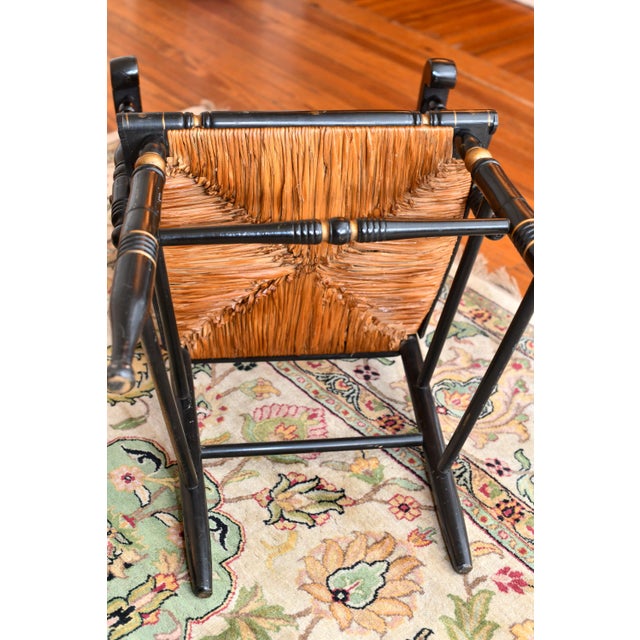 Vintage Hitchcock Black Painted Armchair With Rush Seat For Sale In Washington DC - Image 6 of 8
