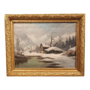 19th Century French Winter Landscape Painting in Original Giltwood Frame