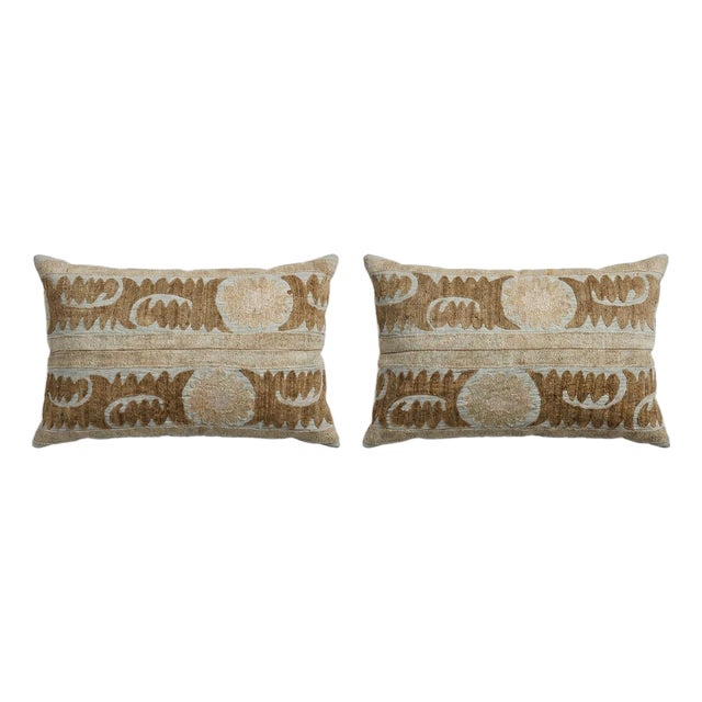Uzbek Suzani Lumbar Pillow Cover 17'' X 24'' - Set of Two For Sale