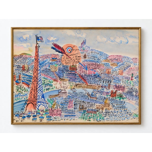 This vintage Paris wall art print features the Eiffel Tower, the Seine, and a French cityscape in soft blue, salmon pink,...