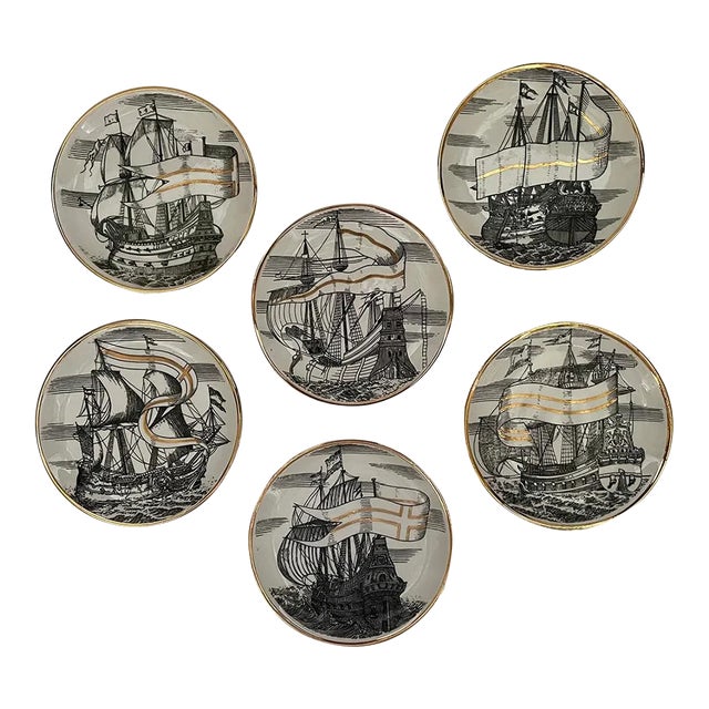 1960s Velieri "Tall Ship" Coasters by Piero Fornasetti - Set of 6 For Sale